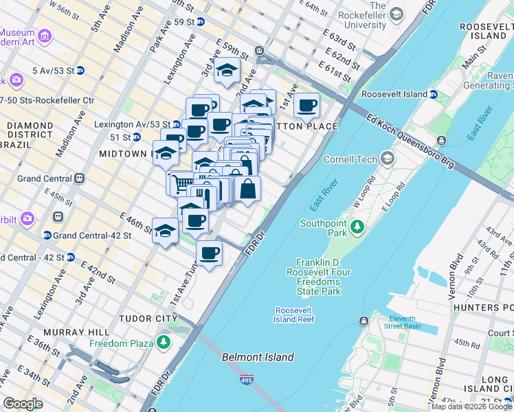 map of restaurants, bars, coffee shops, grocery stores, and more near 41 Beekman Place in New York