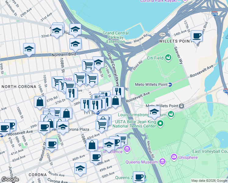 map of restaurants, bars, coffee shops, grocery stores, and more near 112-31 39th Avenue in Queens