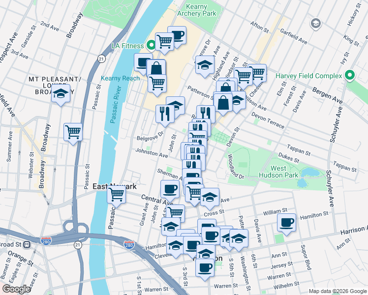 map of restaurants, bars, coffee shops, grocery stores, and more near 14 Highland Avenue in Kearny