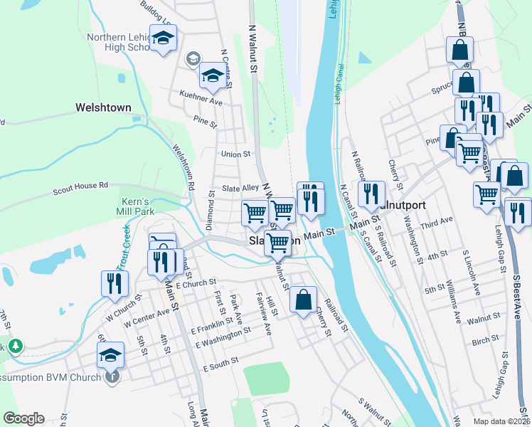 map of restaurants, bars, coffee shops, grocery stores, and more near 219 Chestnut Street in Slatington