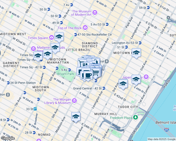 map of restaurants, bars, coffee shops, grocery stores, and more near 340 Madison Avenue in New York