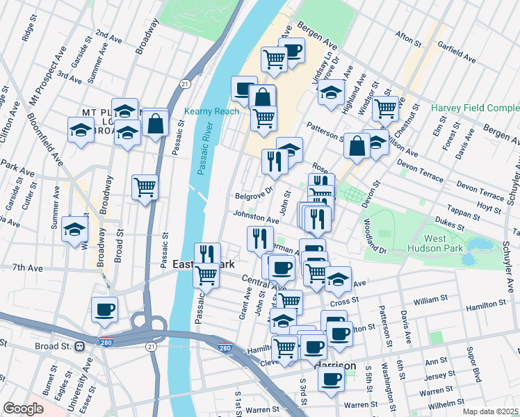 map of restaurants, bars, coffee shops, grocery stores, and more near 34 Johnston Avenue in Kearny
