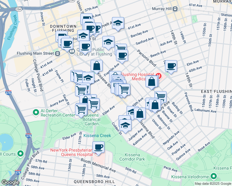 map of restaurants, bars, coffee shops, grocery stores, and more near Kissena Boulevard & Cherry Avenue in Queens