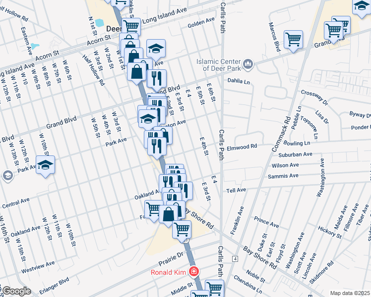 map of restaurants, bars, coffee shops, grocery stores, and more near 70 Winnecomac Avenue in Deer Park