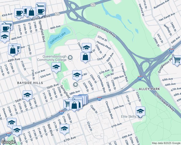 map of restaurants, bars, coffee shops, grocery stores, and more near 5639 226th Street in Queens