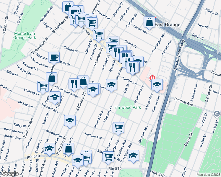 map of restaurants, bars, coffee shops, grocery stores, and more near 135 Elmwood Avenue in East Orange