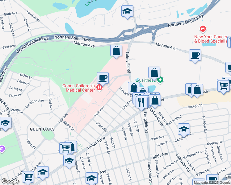 map of restaurants, bars, coffee shops, grocery stores, and more near 271-11 76th Avenue in Queens