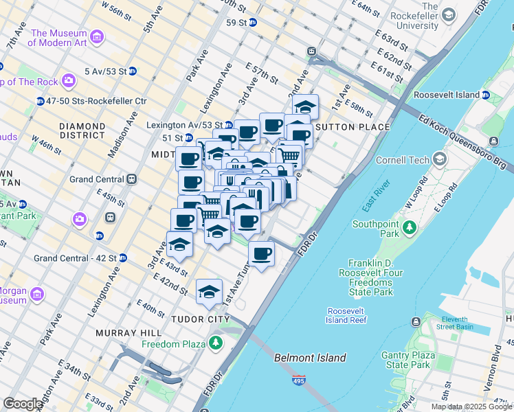 map of restaurants, bars, coffee shops, grocery stores, and more near 320 East 49th Street in New York