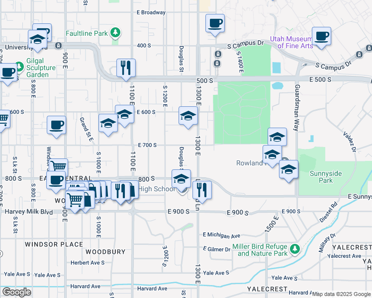 map of restaurants, bars, coffee shops, grocery stores, and more near 705 Douglas Street in Salt Lake City