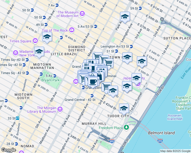 map of restaurants, bars, coffee shops, grocery stores, and more near 237 Park Avenue in New York