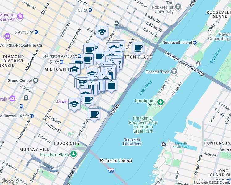 map of restaurants, bars, coffee shops, grocery stores, and more near 36 Beekman Place in New York