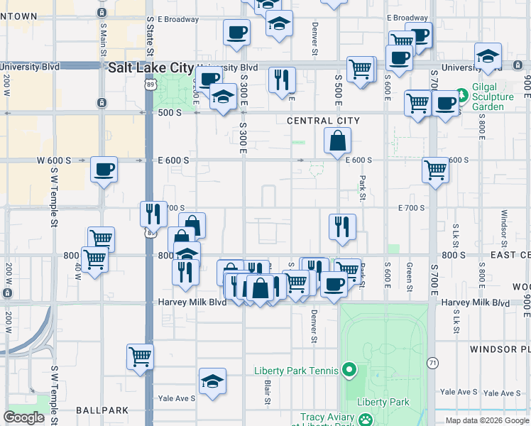 map of restaurants, bars, coffee shops, grocery stores, and more near 360 East 700 South in Salt Lake City