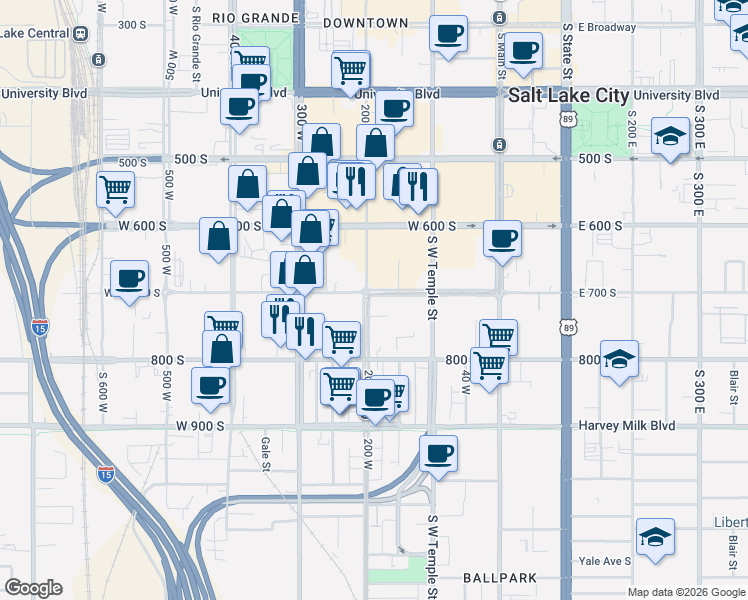 map of restaurants, bars, coffee shops, grocery stores, and more near 725 South 200 West in Salt Lake City