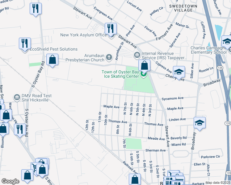 map of restaurants, bars, coffee shops, grocery stores, and more near 185 Sycamore Avenue in Bethpage