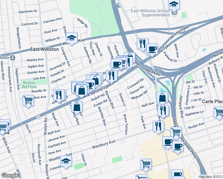 map of restaurants, bars, coffee shops, grocery stores, and more near 276 Evelyn Road in Mineola