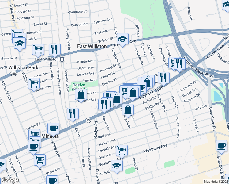 map of restaurants, bars, coffee shops, grocery stores, and more near 101 Brown Street in Mineola