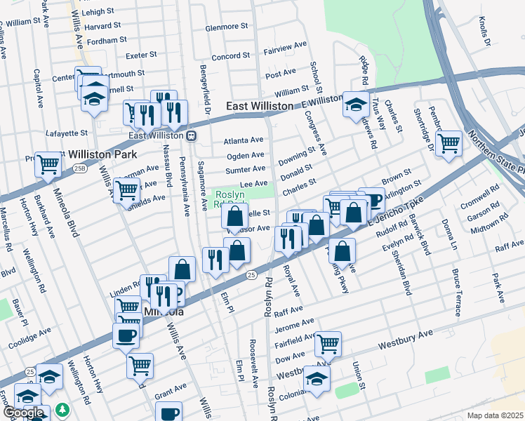 map of restaurants, bars, coffee shops, grocery stores, and more near 55 Roselle Street in Mineola