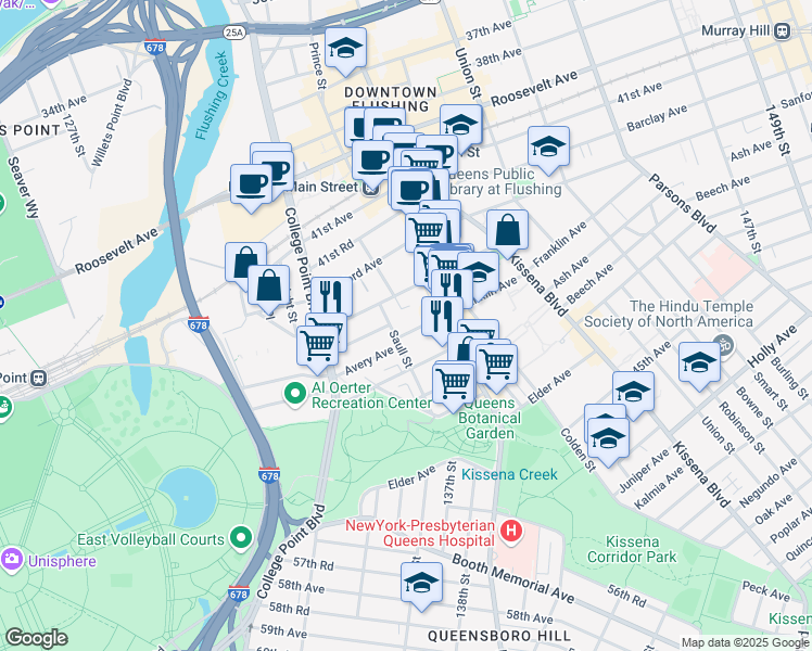 map of restaurants, bars, coffee shops, grocery stores, and more near 132-71 Avery Avenue in Queens