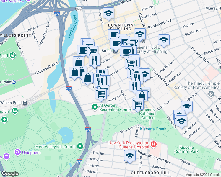 map of restaurants, bars, coffee shops, grocery stores, and more near 132-35 Pople Avenue in Queens