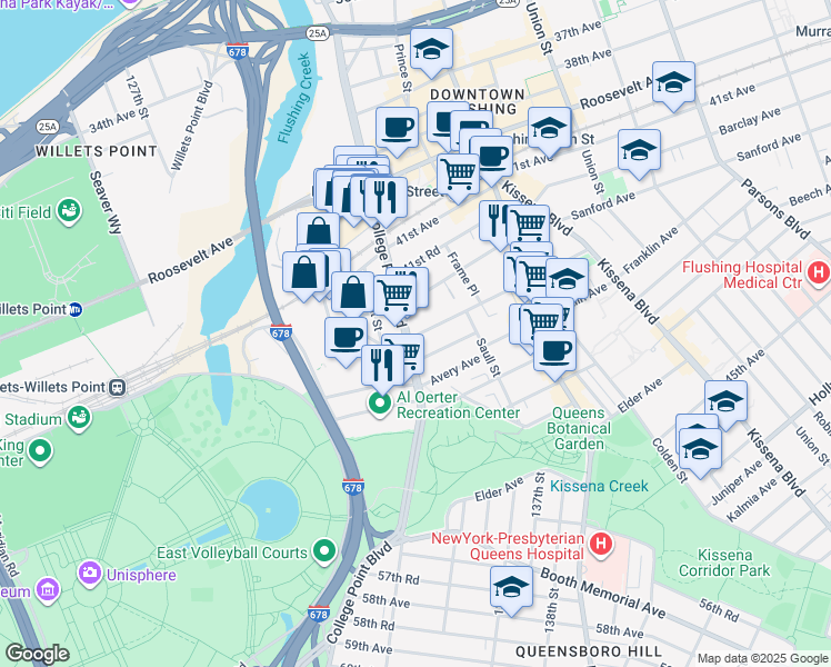 map of restaurants, bars, coffee shops, grocery stores, and more near in Queens