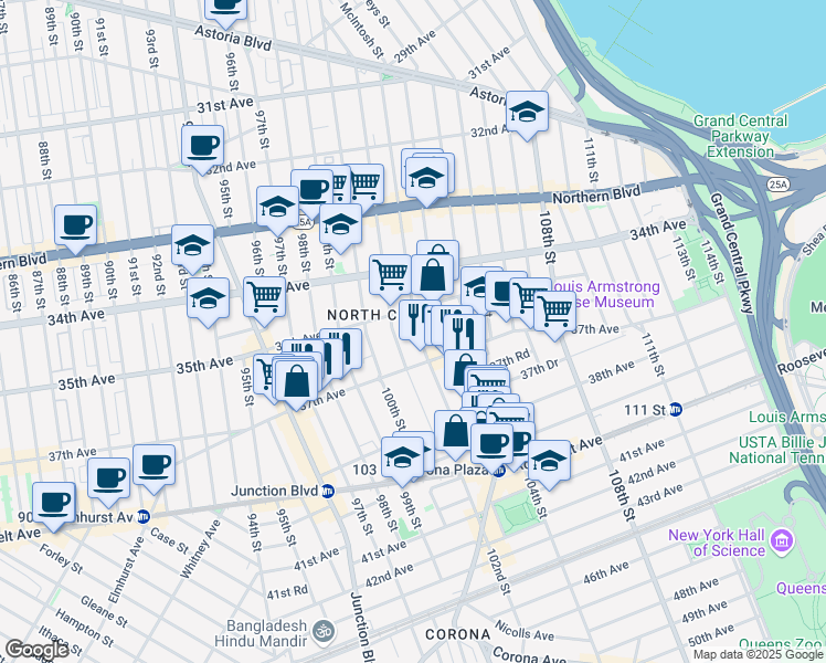 map of restaurants, bars, coffee shops, grocery stores, and more near 35-34 102nd Street in Queens