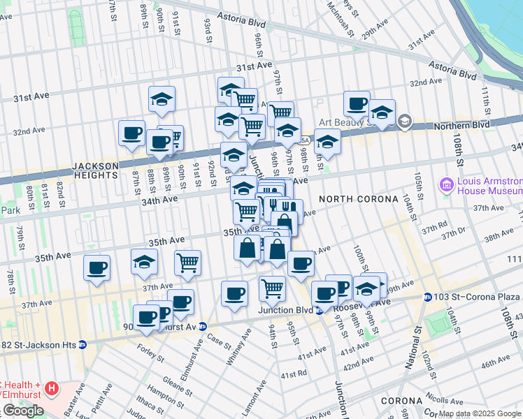 map of restaurants, bars, coffee shops, grocery stores, and more near in Queens