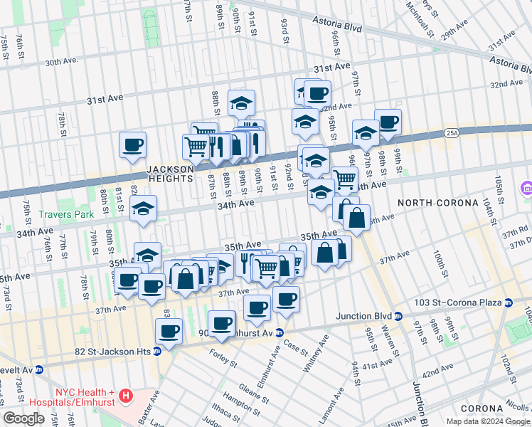 map of restaurants, bars, coffee shops, grocery stores, and more near 34-31 89th Street in Queens