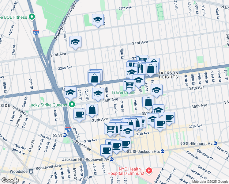map of restaurants, bars, coffee shops, grocery stores, and more near 76-9 34th Avenue in Queens