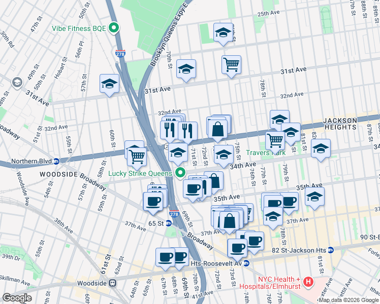 map of restaurants, bars, coffee shops, grocery stores, and more near 33-29 70th Street in Queens