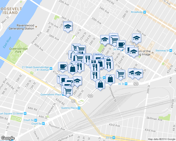 map of restaurants, bars, coffee shops, grocery stores, and more near 39-08 29th Street in Queens