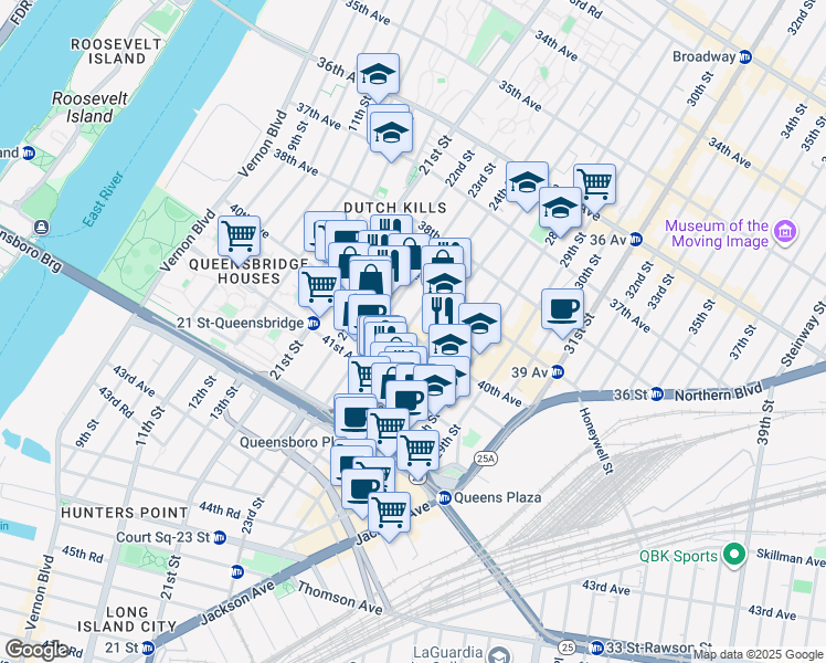 map of restaurants, bars, coffee shops, grocery stores, and more near 40-01 Crescent Street in Queens