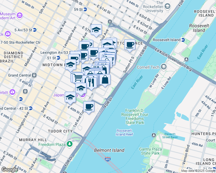 map of restaurants, bars, coffee shops, grocery stores, and more near 427 East 50th Street in New York