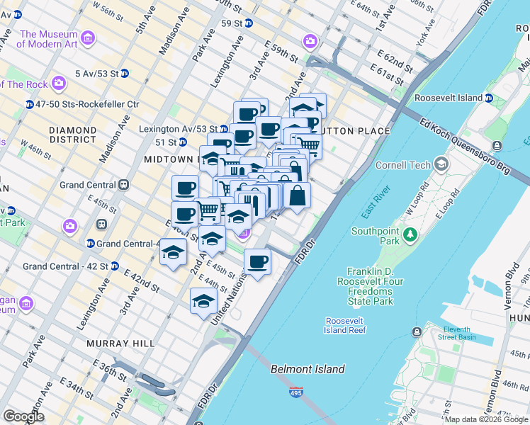 map of restaurants, bars, coffee shops, grocery stores, and more near 885 1st Avenue in New York