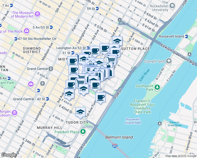 map of restaurants, bars, coffee shops, grocery stores, and more near 320 East 49th Street in New York
