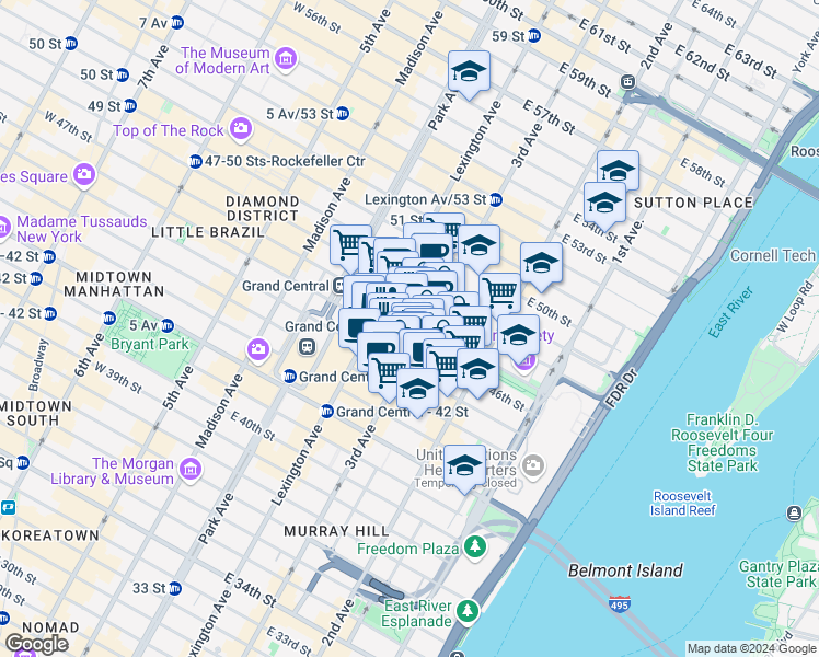 map of restaurants, bars, coffee shops, grocery stores, and more near 750 3rd Avenue in New York