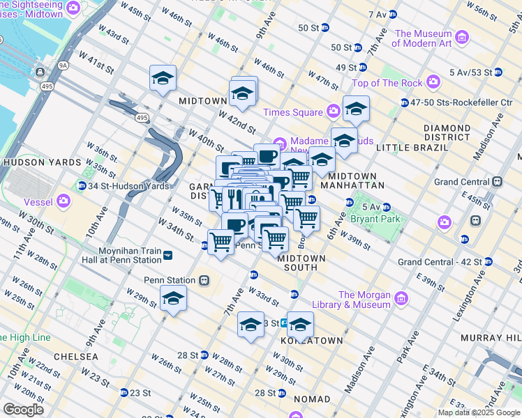 map of restaurants, bars, coffee shops, grocery stores, and more near 227 West 37th Street in New York