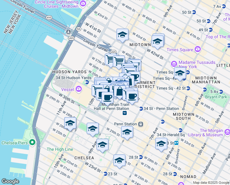 map of restaurants, bars, coffee shops, grocery stores, and more near 369 West 34th Street in New York