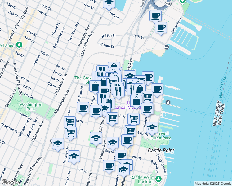 map of restaurants, bars, coffee shops, grocery stores, and more near 1327 Willow Avenue in Hoboken
