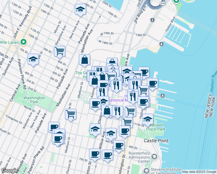 map of restaurants, bars, coffee shops, grocery stores, and more near 352 13th Street in Hoboken