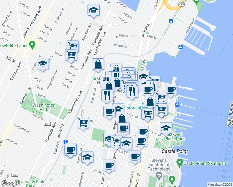 map of restaurants, bars, coffee shops, grocery stores, and more near 352 13th Street in Hoboken