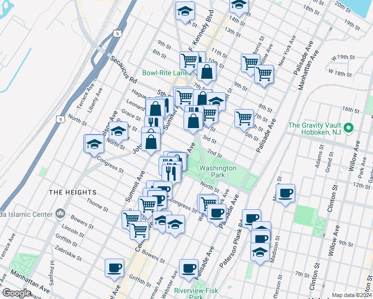 map of restaurants, bars, coffee shops, grocery stores, and more near 551 Central Avenue in Jersey City