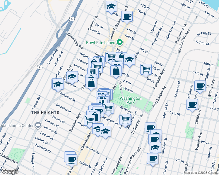 map of restaurants, bars, coffee shops, grocery stores, and more near 551 Central Avenue in Jersey City