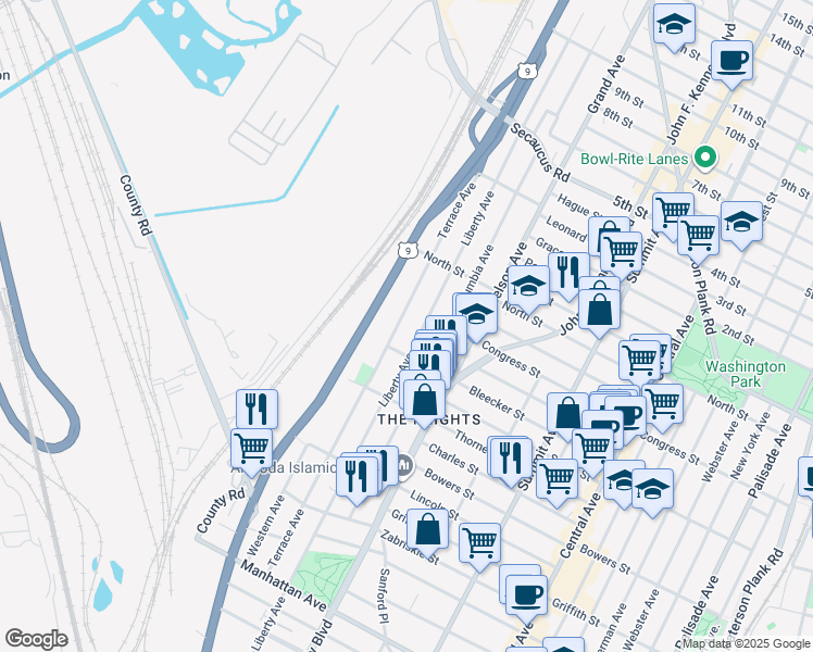 map of restaurants, bars, coffee shops, grocery stores, and more near 212 Terrace Avenue in Jersey City