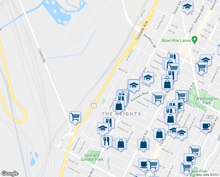 map of restaurants, bars, coffee shops, grocery stores, and more near 212 Terrace Avenue in Jersey City