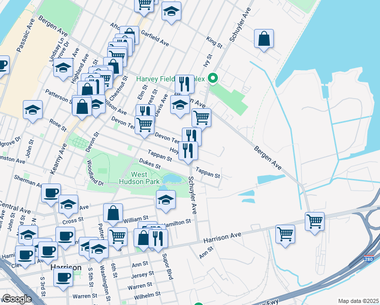 map of restaurants, bars, coffee shops, grocery stores, and more near 223 Hoyt Street in Kearny