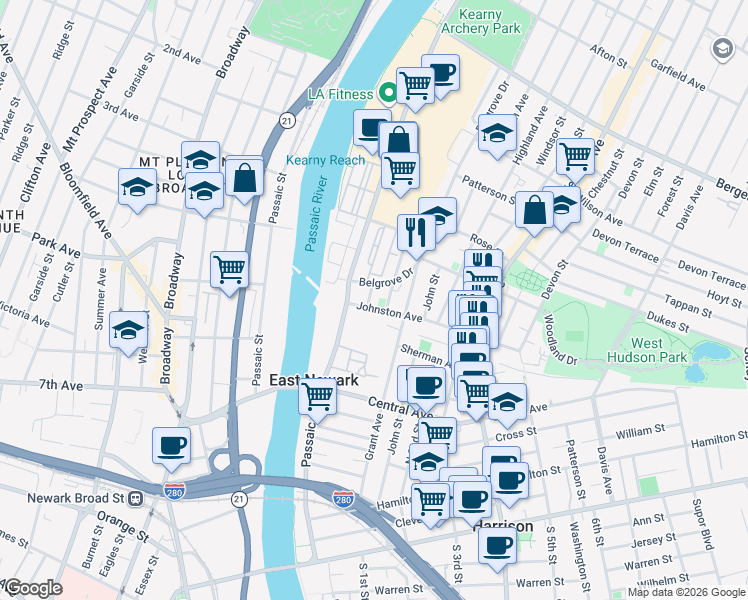 map of restaurants, bars, coffee shops, grocery stores, and more near 34 Johnston Avenue in Kearny
