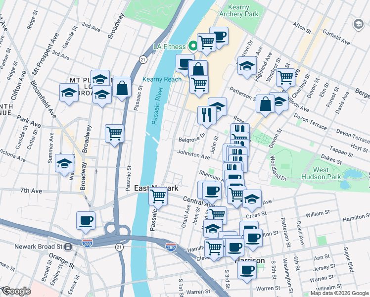 map of restaurants, bars, coffee shops, grocery stores, and more near 34 Johnston Avenue in Kearny