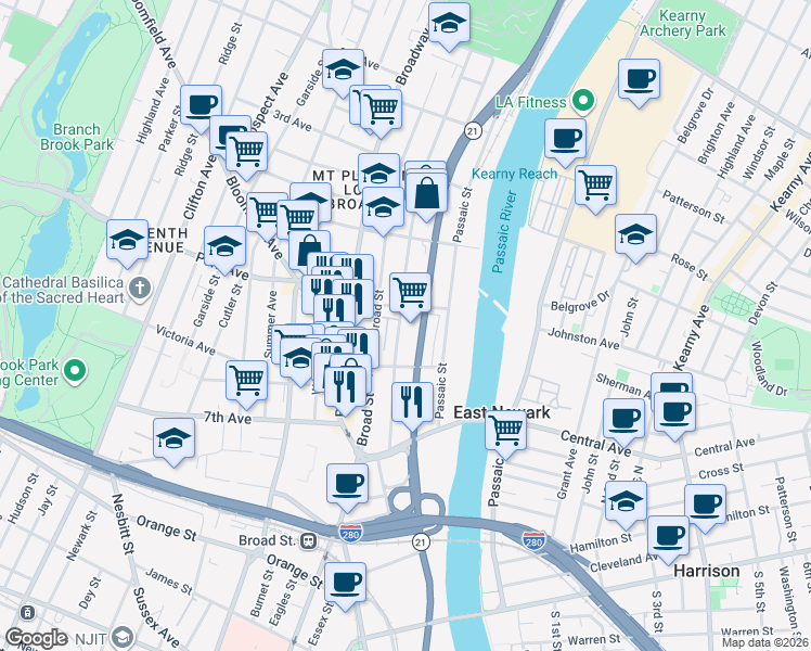 map of restaurants, bars, coffee shops, grocery stores, and more near 1321 McCarter Highway in Newark
