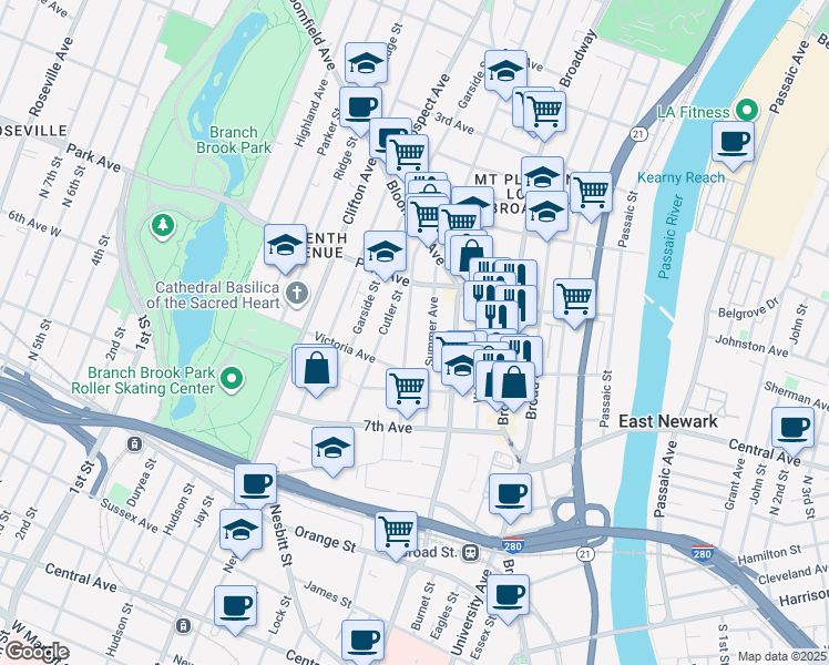 map of restaurants, bars, coffee shops, grocery stores, and more near 85 Summer Avenue in Newark