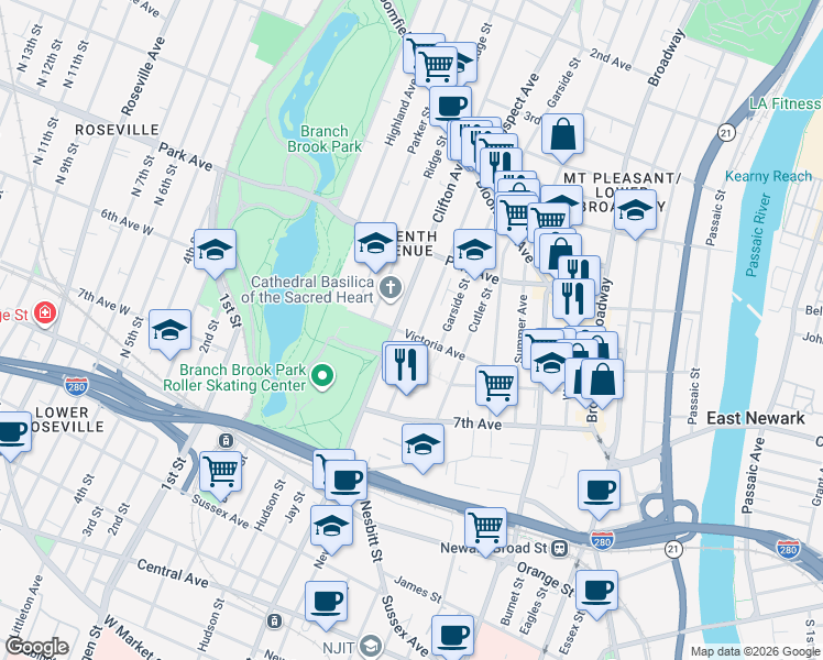 map of restaurants, bars, coffee shops, grocery stores, and more near 115 Clifton Avenue in Newark
